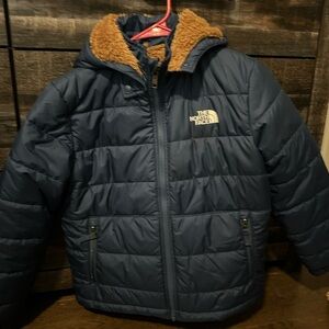 The North Face Kids Navy Puffer Jacket with Brown Lining
